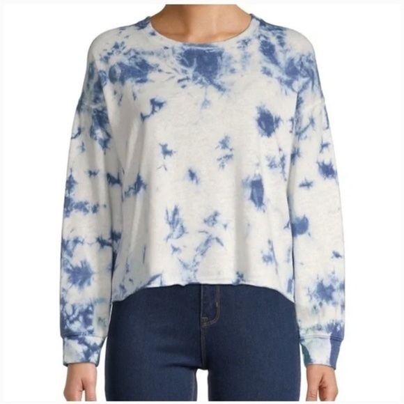 SPLENDID | NWT Blue Tie Dye Round Neck Long Sleeve Cropped Sweatshirt Size S - Picture 2 of 8